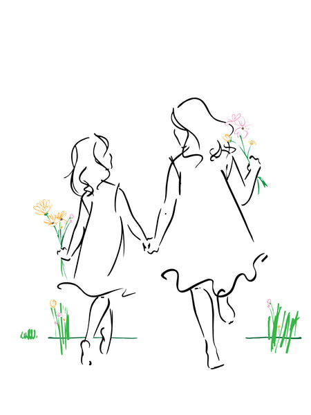 two sisters holding hands drawing